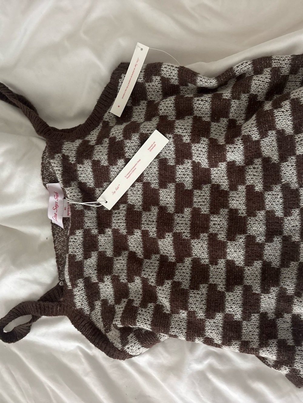 Checker Knit Cropped Tank Top - Brown & Cream - Picture 2 of 3